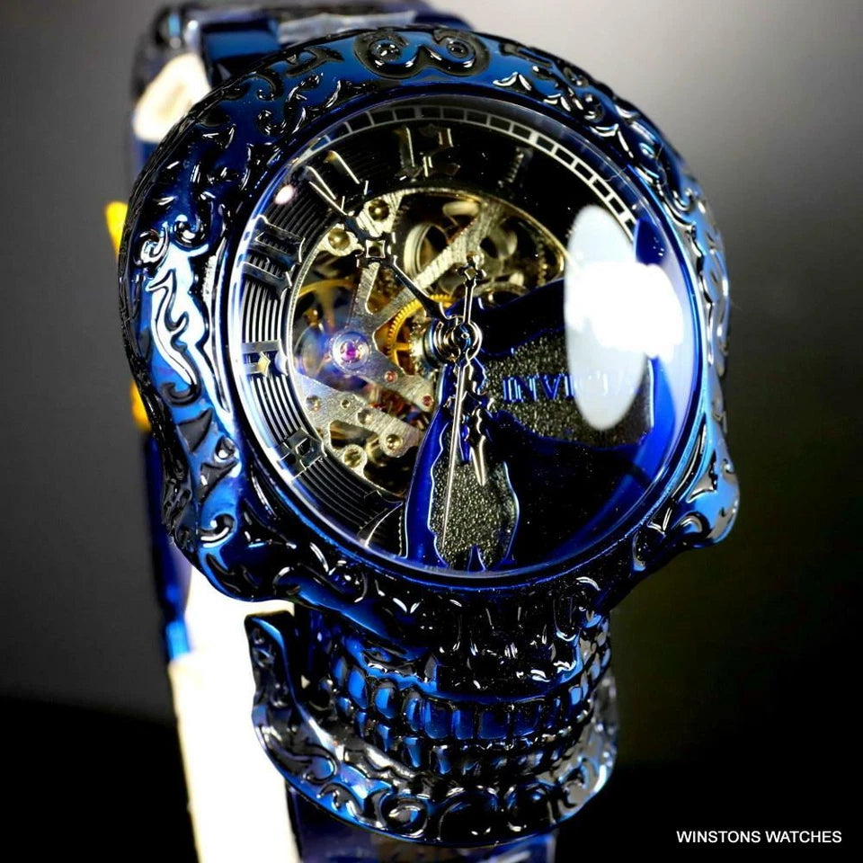 Invicta Artist Skull Automatic Skeletonized Blue Stainless Steel 50mm Watch New